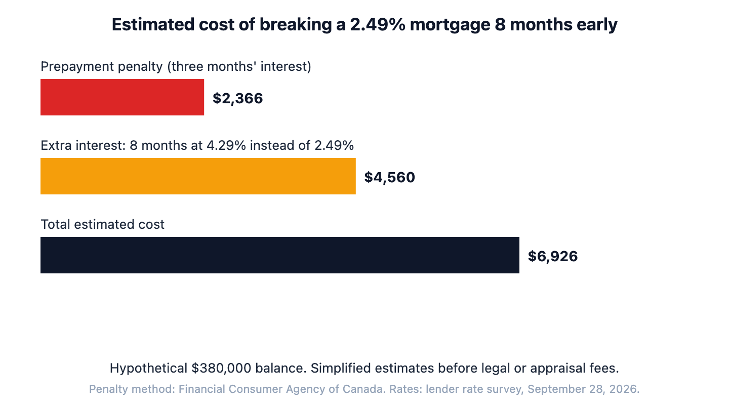Bar chart estimating the cost of breaking a hypothetical $380,000 mortgage at 2.49% eight months early: about $2,366 prepayment penalty plus $4,560 extra interest, about $6,926 in total.