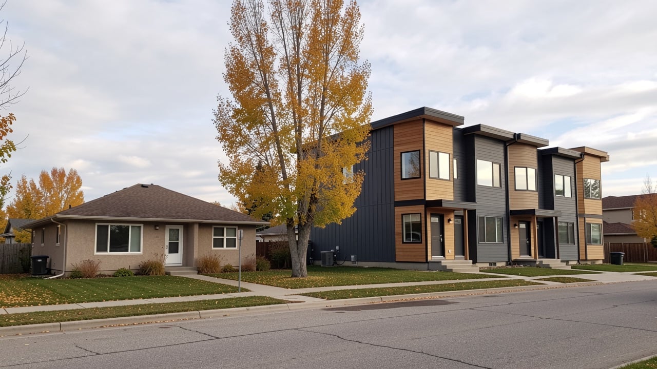 Illustration of a new three-storey row house beside an older bungalow on a tree-lined Edmonton street in autumn