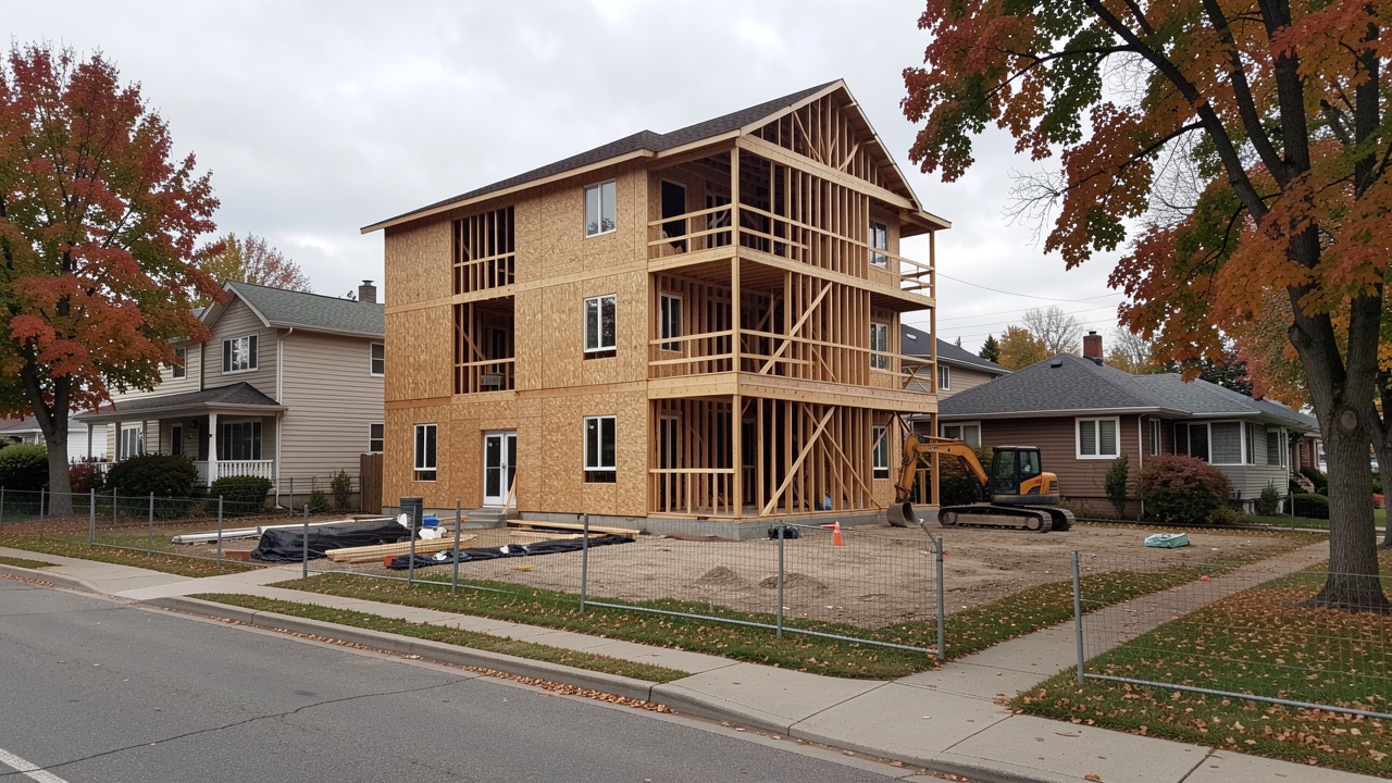 Illustration of a three-storey wood-frame row house under construction on a residential lot between older homes